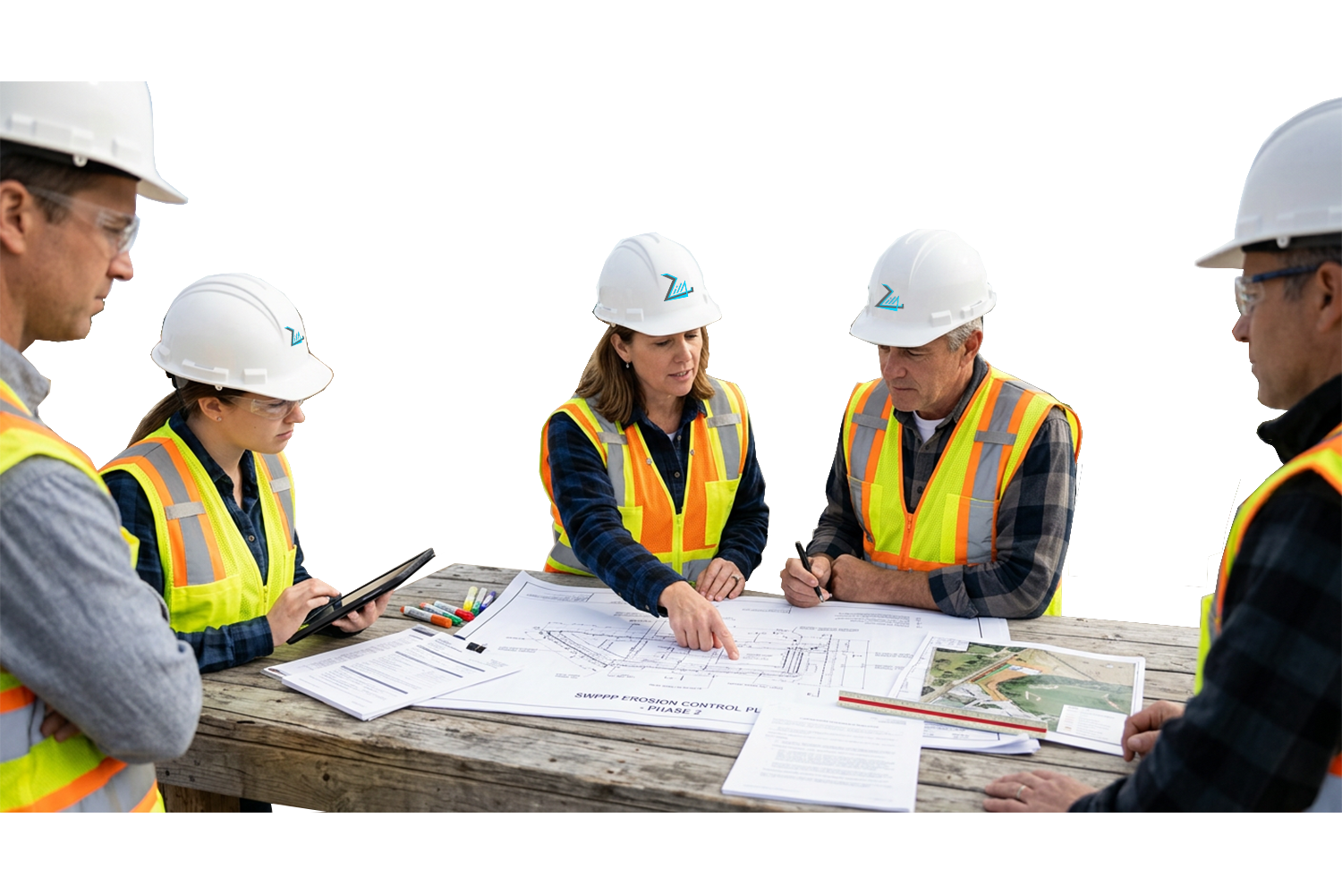Team reviewing SWPPP development plans on site