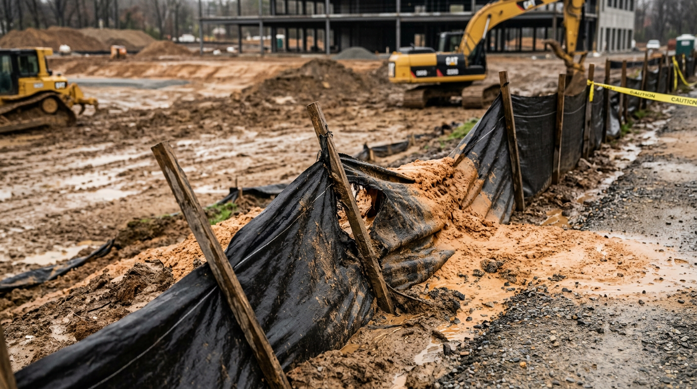Failed silt fence at a construction site, a common SWPPP violation that can lead to stormwater compliance issues.