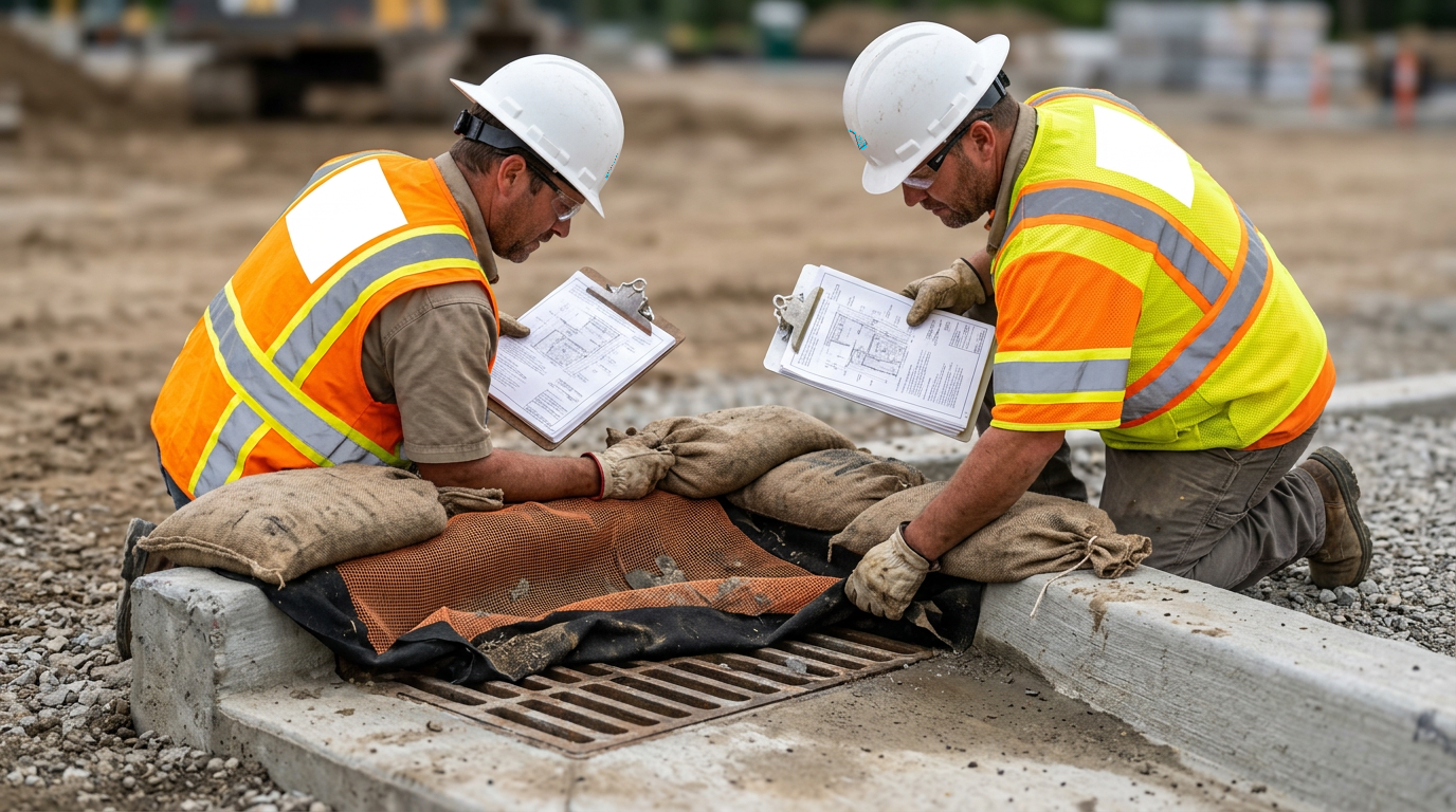 Storm drain inlet protection installed at a construction site as a stormwater BMP for SWPPP compliance.