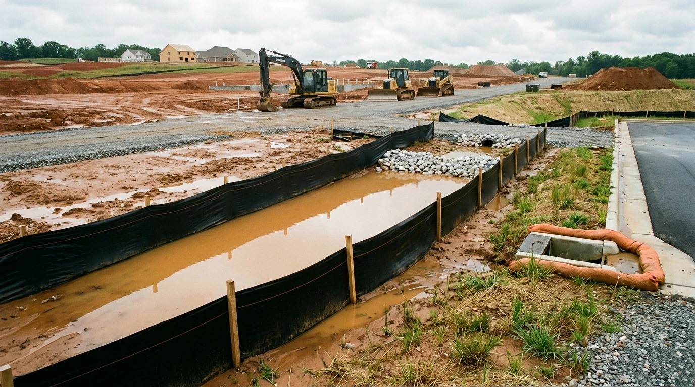 Silt fence containing sediment runoff at a construction site after rainfall